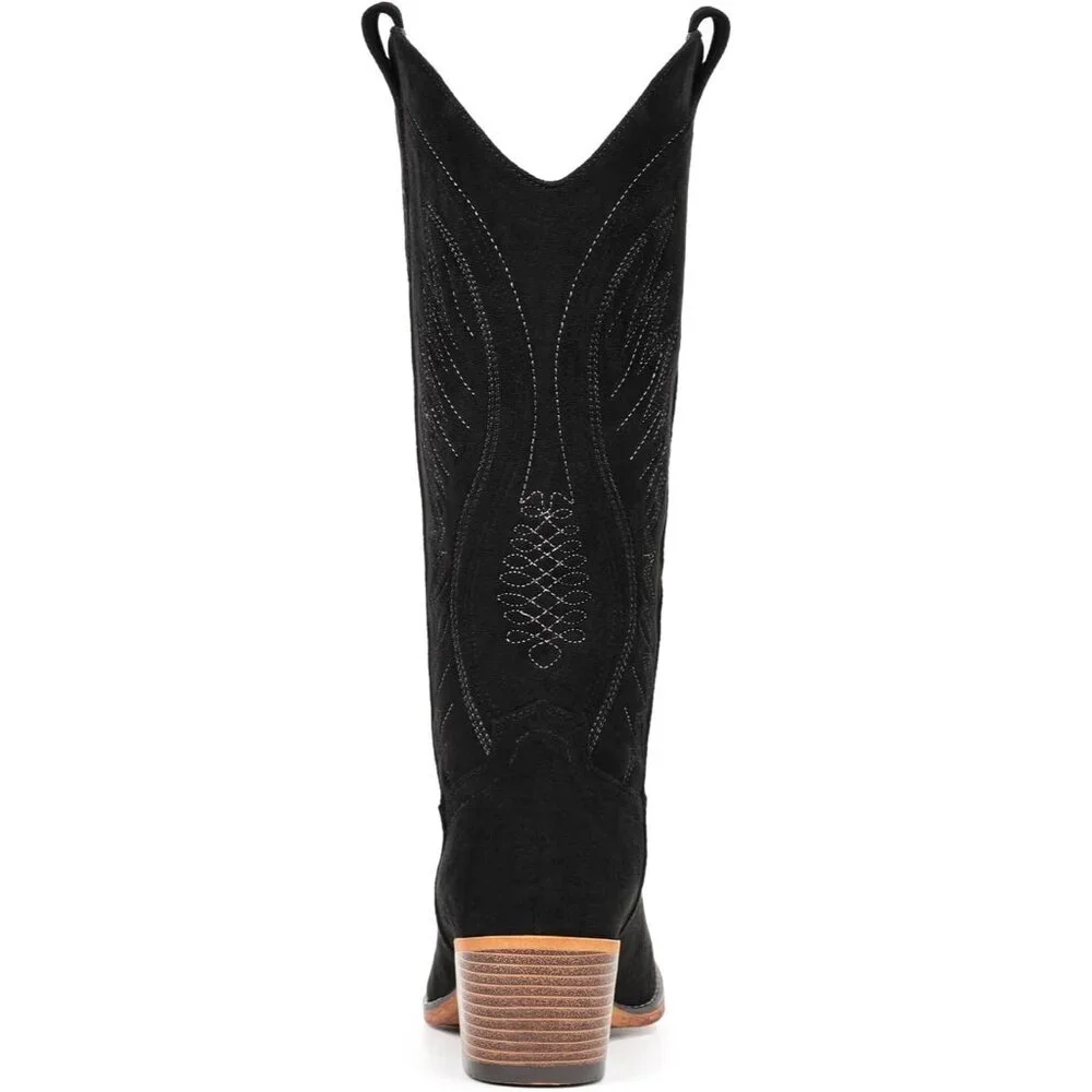 Women's Black Mid Calf Embroidery Cowgirl Boots Retro Snip Toe Western Boot